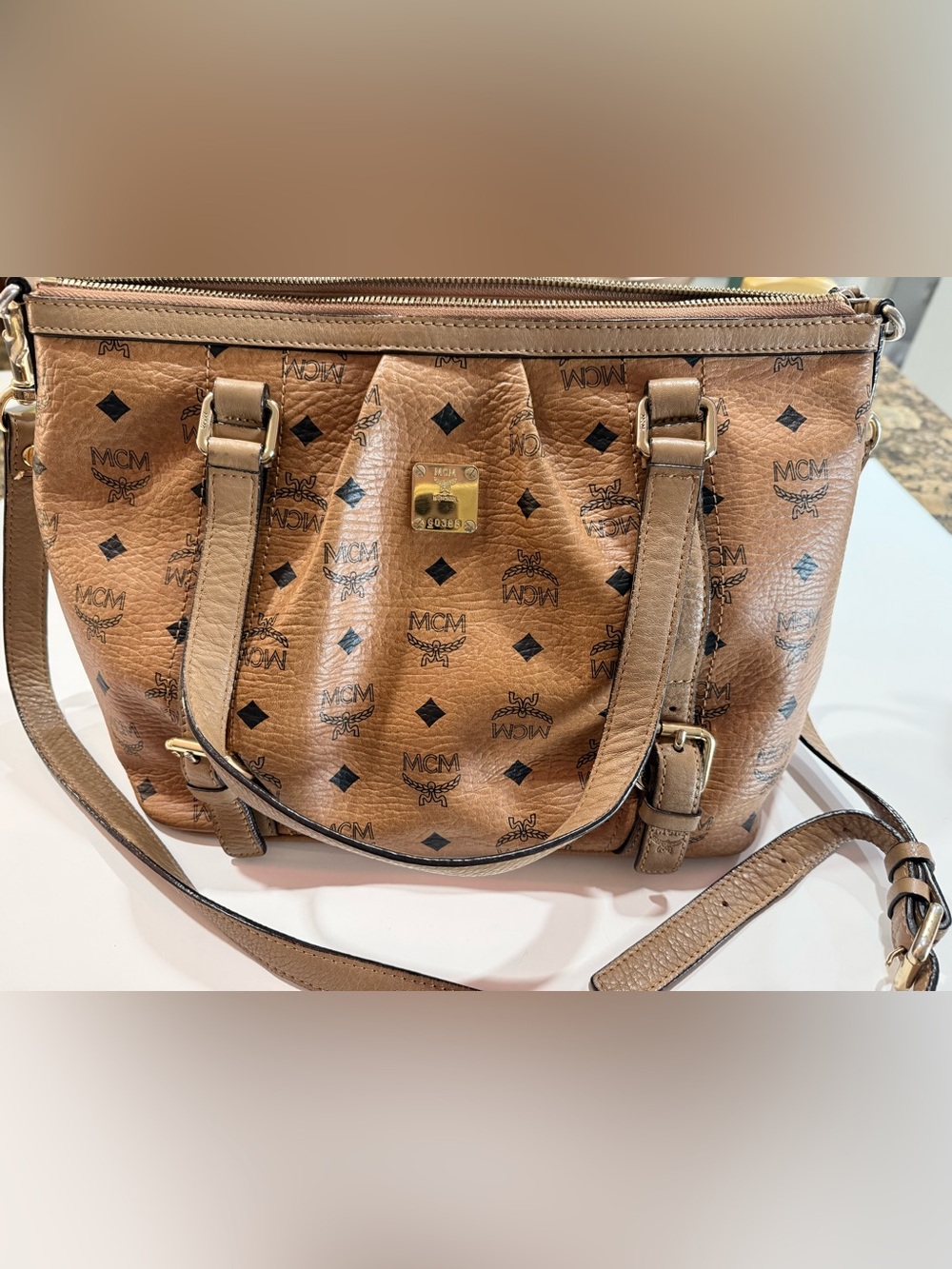 MCM Cognac Coated Canvas Bag - Authentic